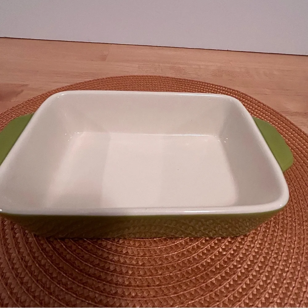 Crate & Barrel Avery Ceramic Baking Dish Green With White Interior & Handles